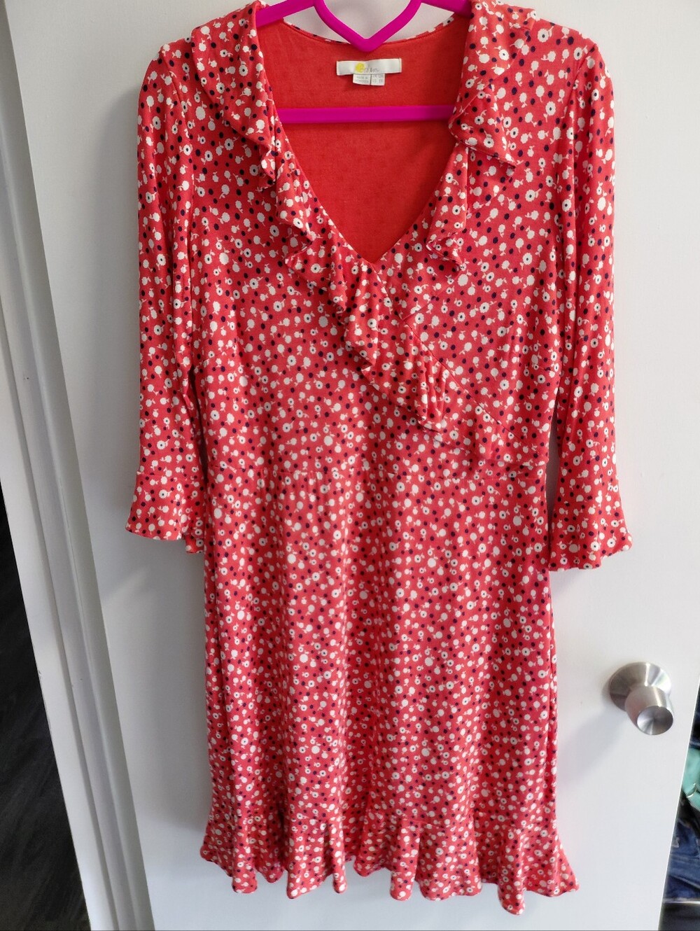 Boden Red, Black And White Ruffled Knit Dress